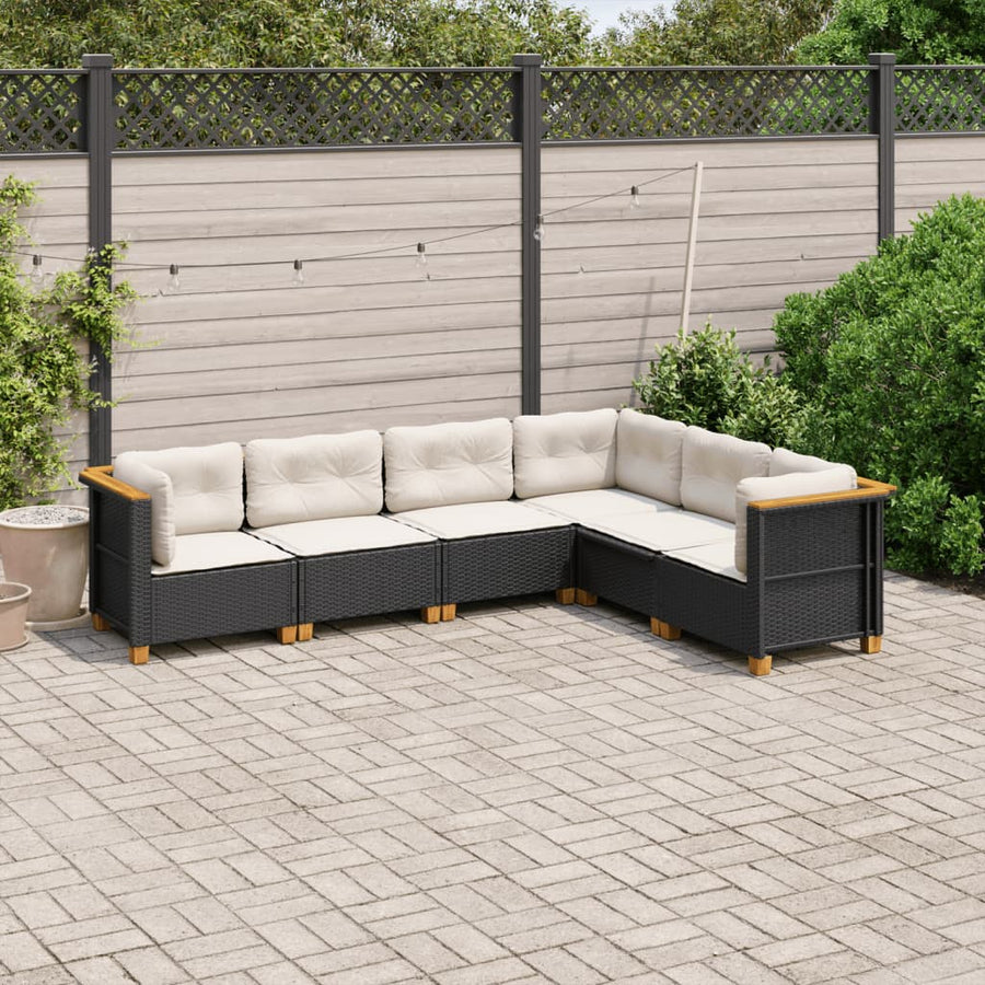 6-delige Loungeset met kussens poly rattan zwart