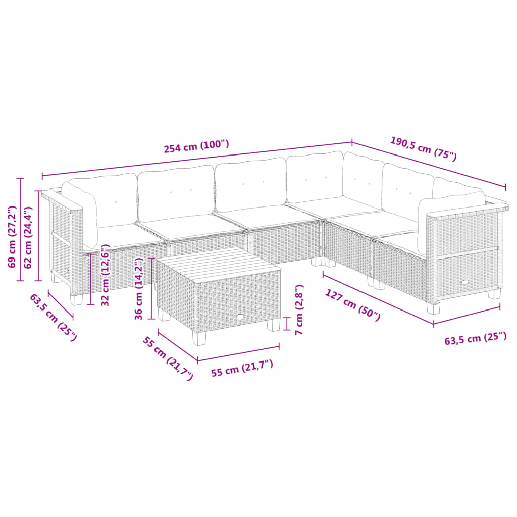 7-delige Loungeset met kussens poly rattan zwart