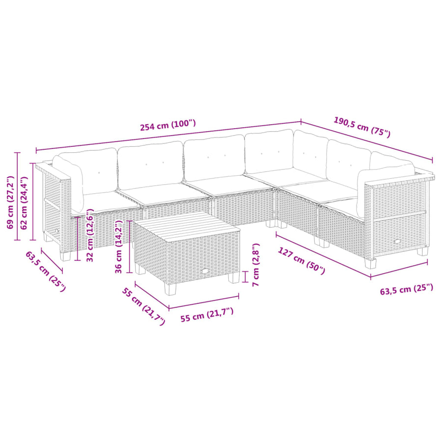 7-delige Loungeset met kussens poly rattan zwart