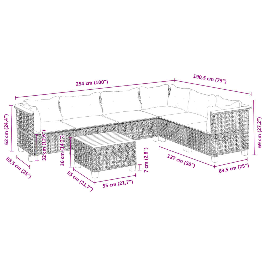 7-delige Loungeset met kussens poly rattan zwart
