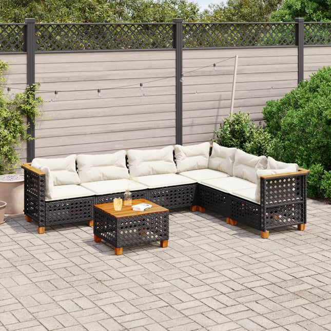 7-delige Loungeset met kussens poly rattan zwart