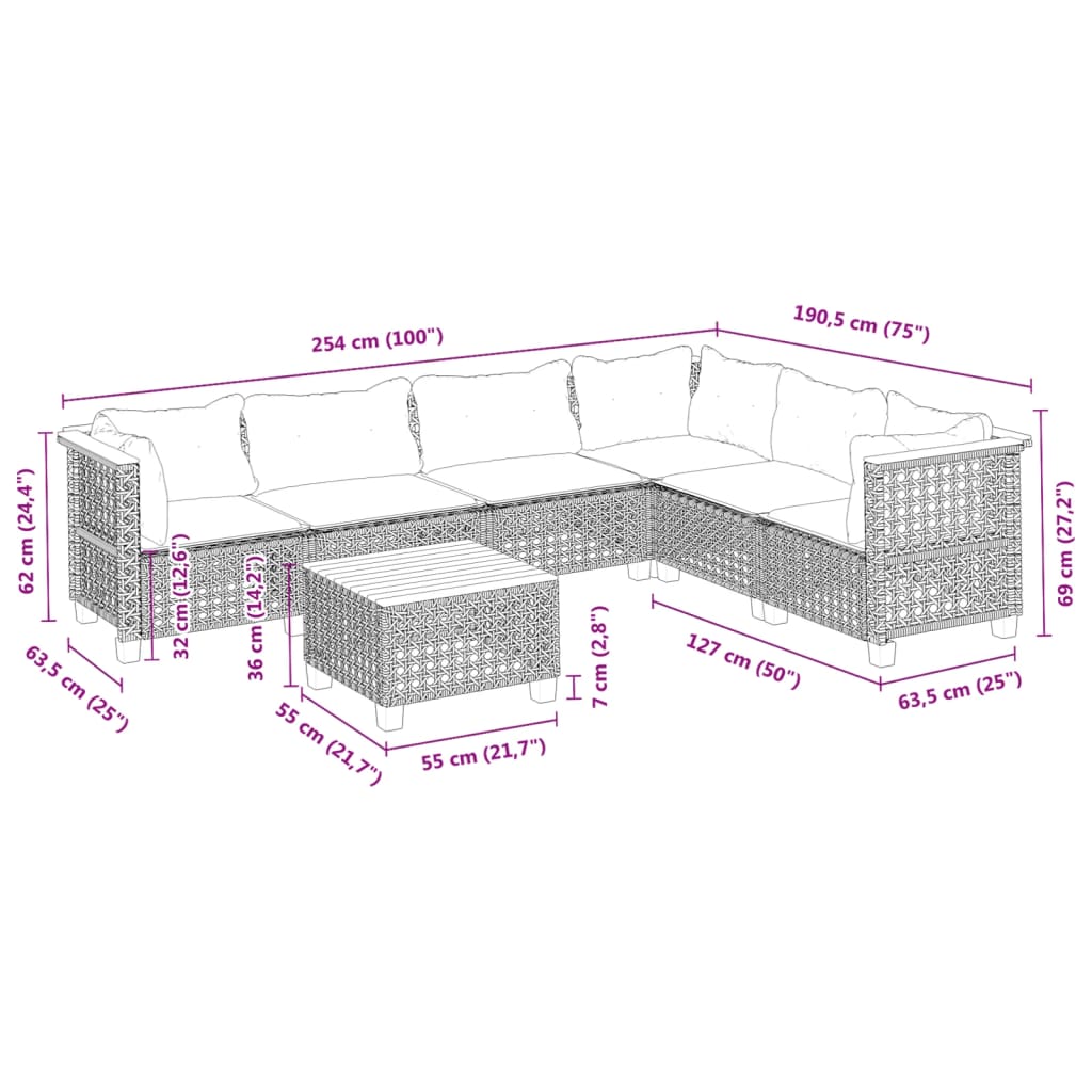 7-delige Loungeset met kussens poly rattan grijs