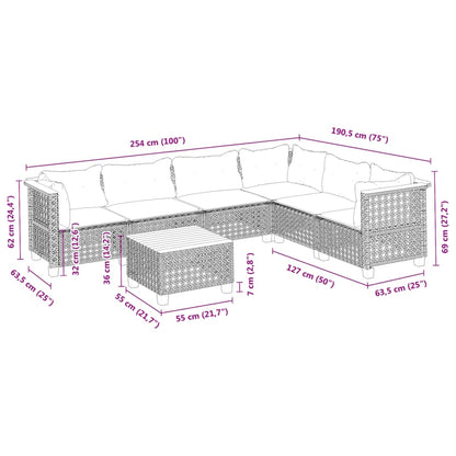 7-delige Loungeset met kussens poly rattan grijs