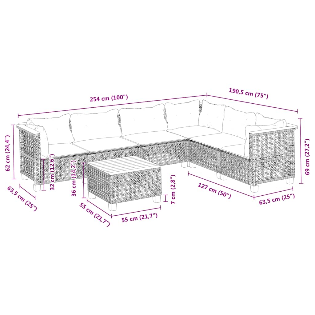 7-Delige Loungeset Met Kussens Poly Rattan Beige 1 gat weven
