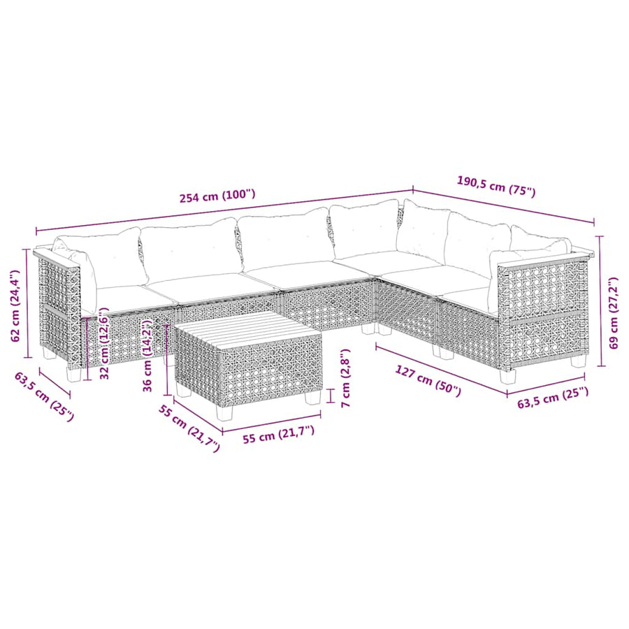 7-Delige Loungeset Met Kussens Poly Rattan Beige 1 gat weven