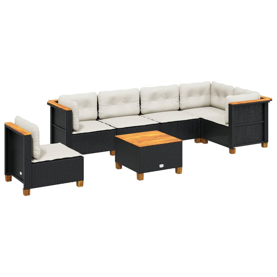 7-delige Loungeset met kussens poly rattan zwart