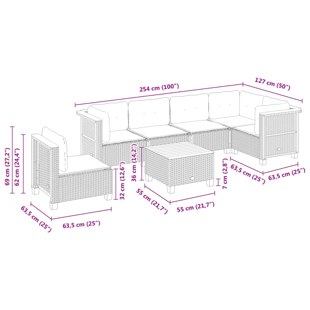 7-delige Loungeset met kussens poly rattan zwart