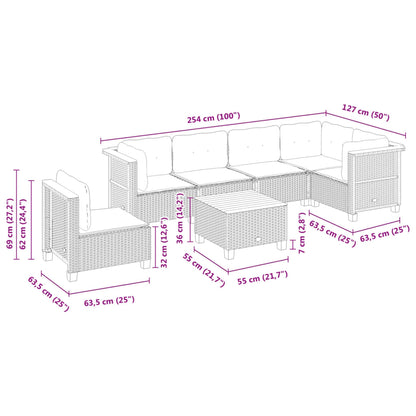 7-delige Loungeset met kussens poly rattan zwart