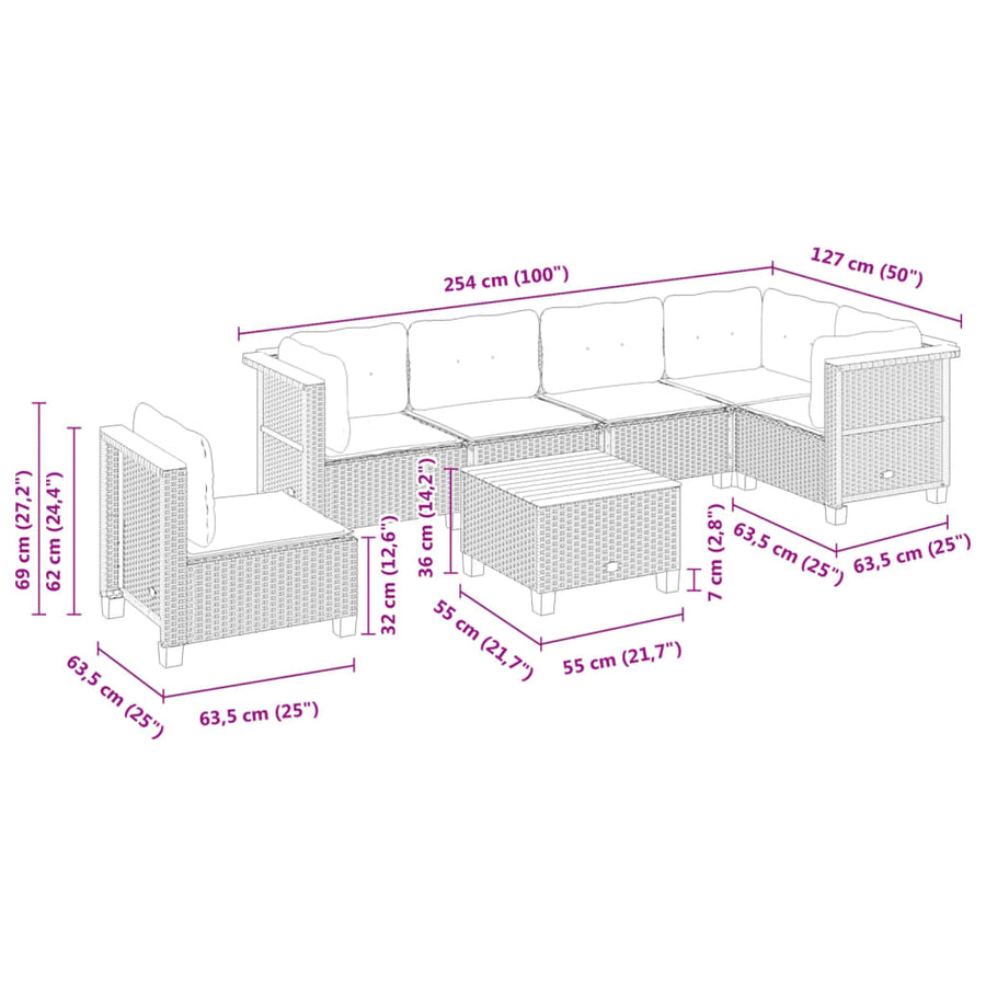 7-delige Loungeset met kussens poly rattan zwart