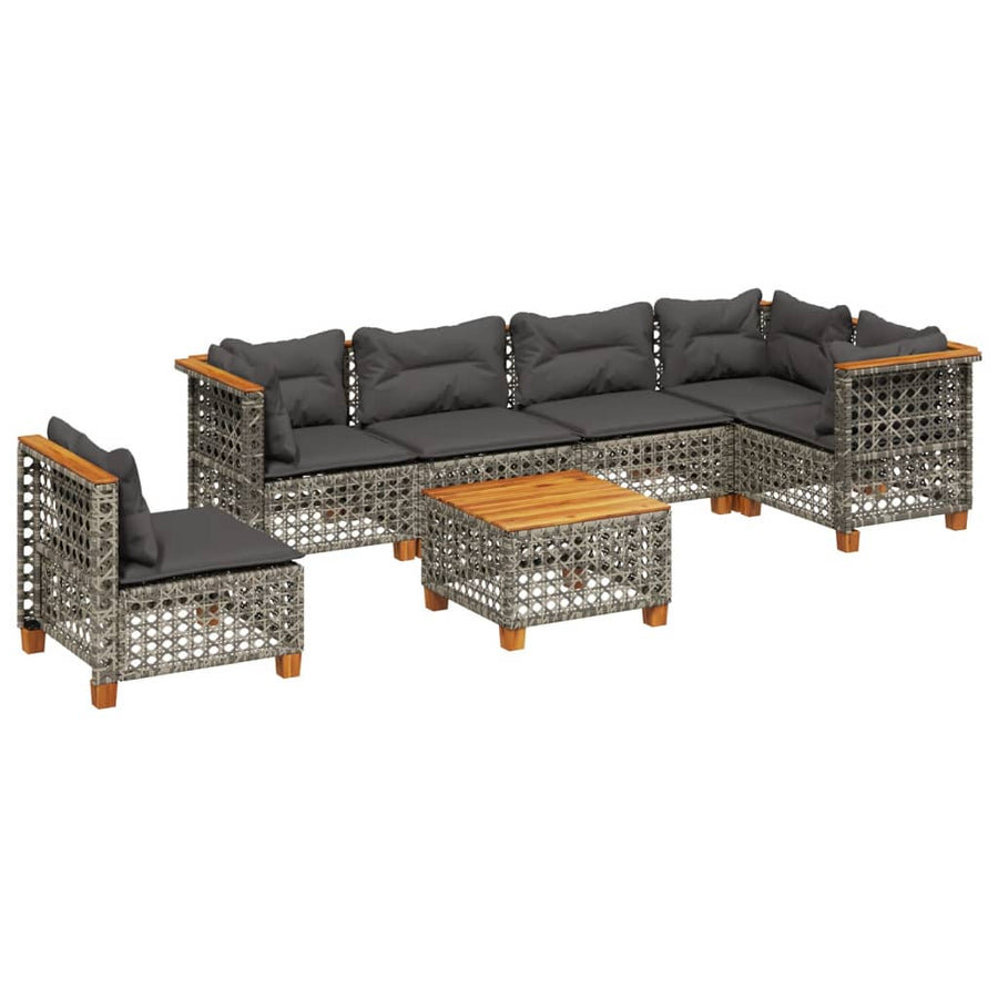 7-delige Loungeset met kussens poly rattan grijs