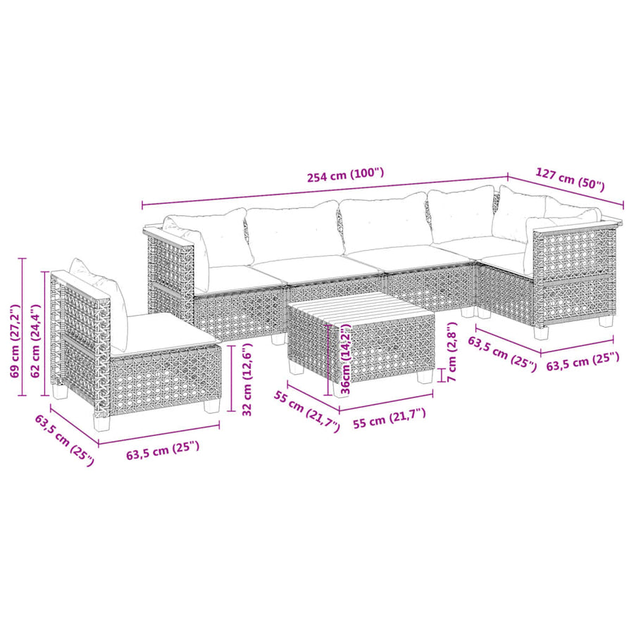 7-delige Loungeset met kussens poly rattan grijs