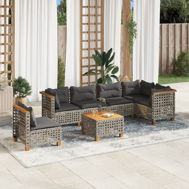 7-delige Loungeset met kussens poly rattan grijs