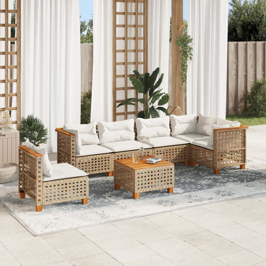 7-Delige Loungeset Met Kussens Poly Rattan Beige 1 gat weven