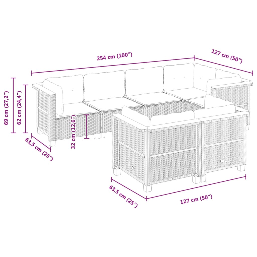 7-delige Loungeset met kussens poly rattan zwart