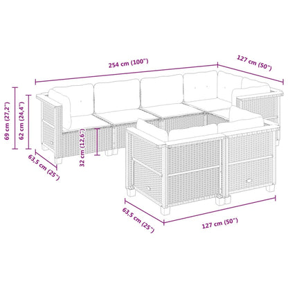7-delige Loungeset met kussens poly rattan zwart