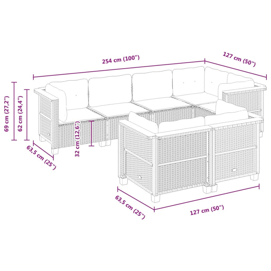 7-delige Loungeset met kussens poly rattan zwart