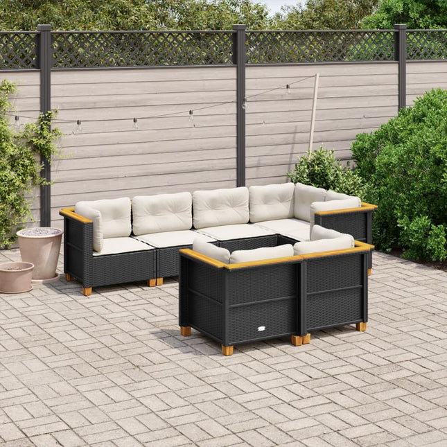 7-delige Loungeset met kussens poly rattan zwart