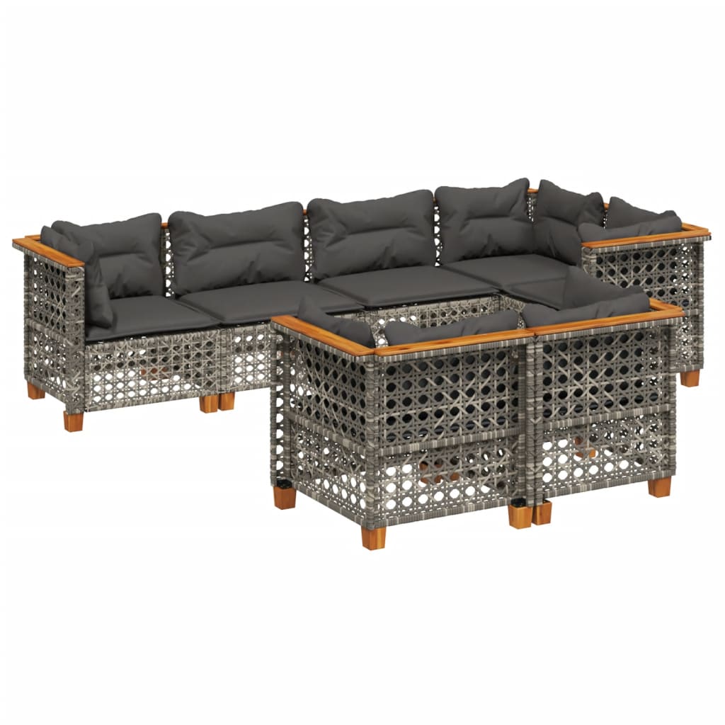 7-delige Loungeset met kussens poly rattan grijs