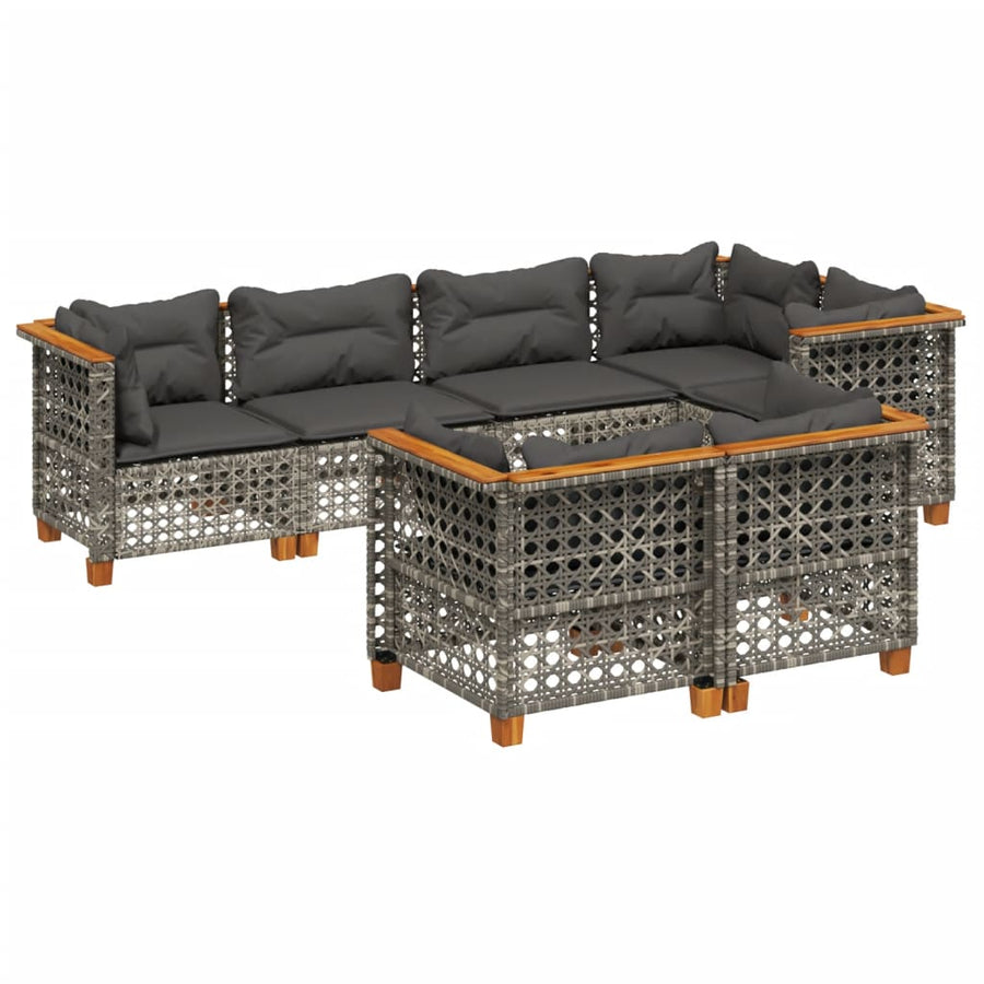 7-delige Loungeset met kussens poly rattan grijs