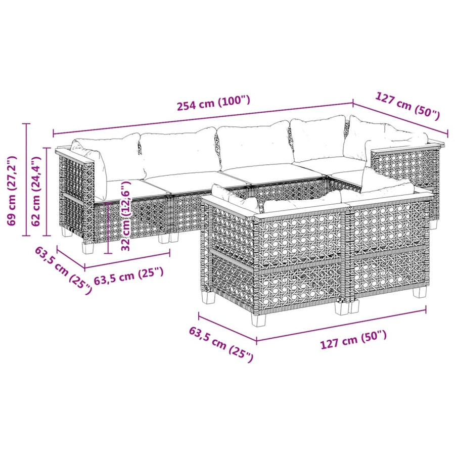 7-delige Loungeset met kussens poly rattan grijs