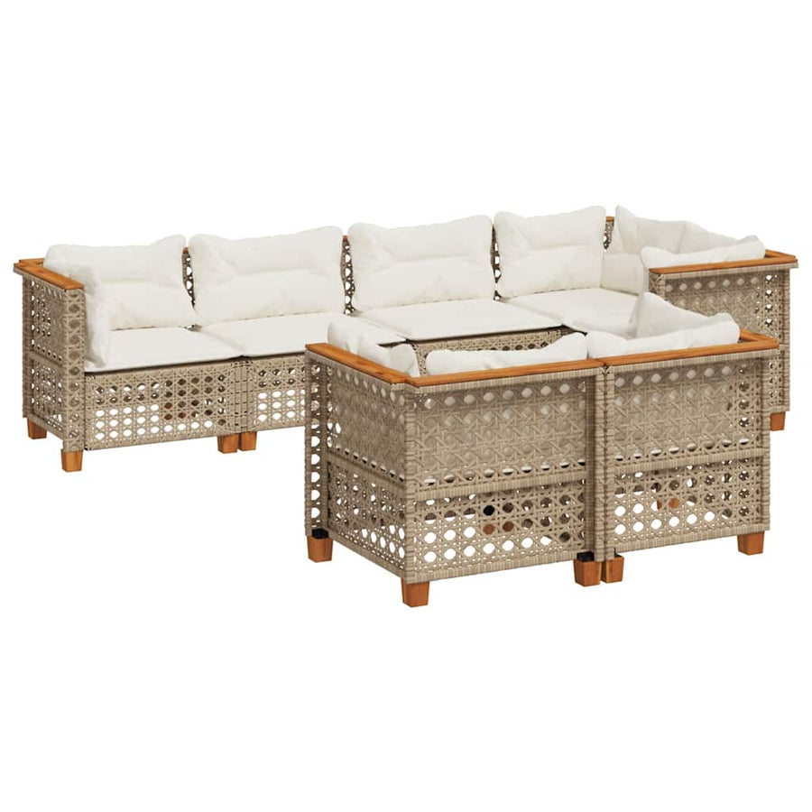 7-Delige Loungeset Met Kussens Poly Rattan Beige Lijngeweven