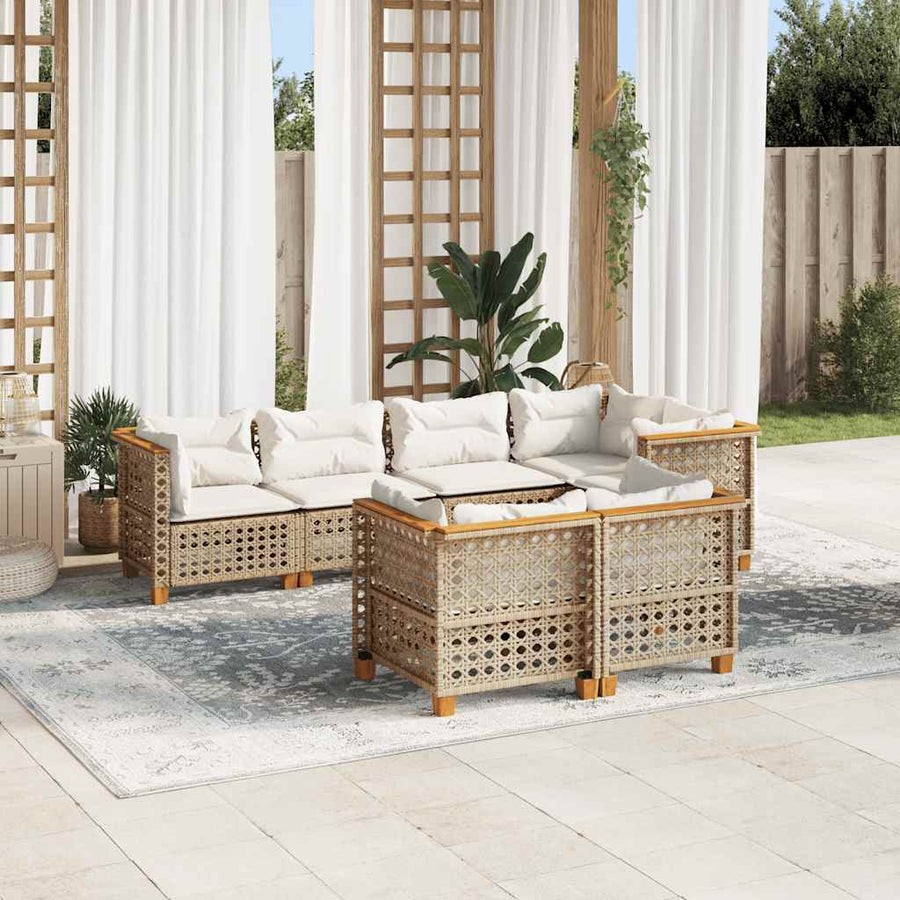 7-Delige Loungeset Met Kussens Poly Rattan Beige Lijngeweven
