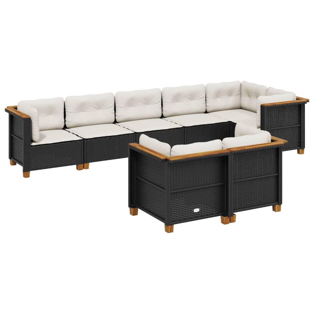 8-delige Loungeset met kussens poly rattan zwart