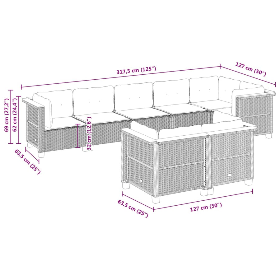 8-delige Loungeset met kussens poly rattan zwart