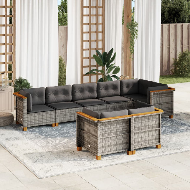 8-delige Loungeset met kussens poly rattan grijs