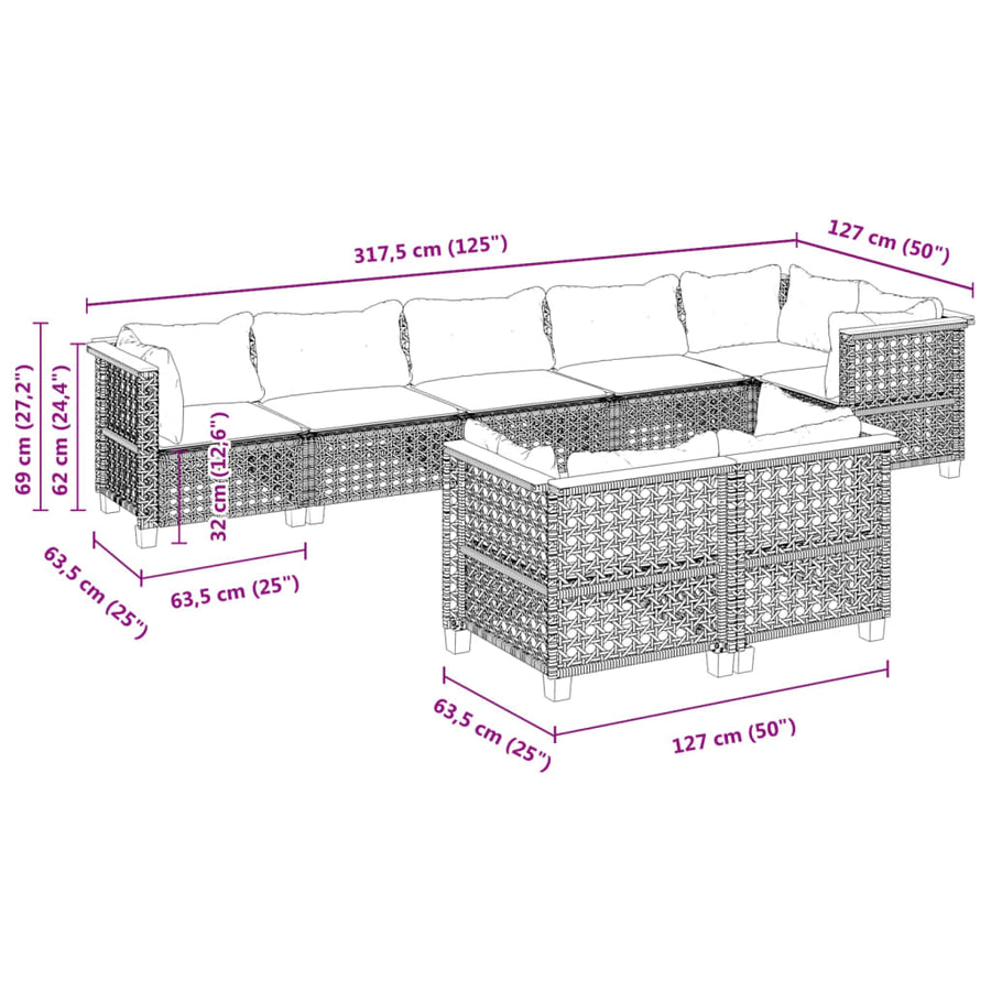 8-delige Loungeset met kussens poly rattan zwart
