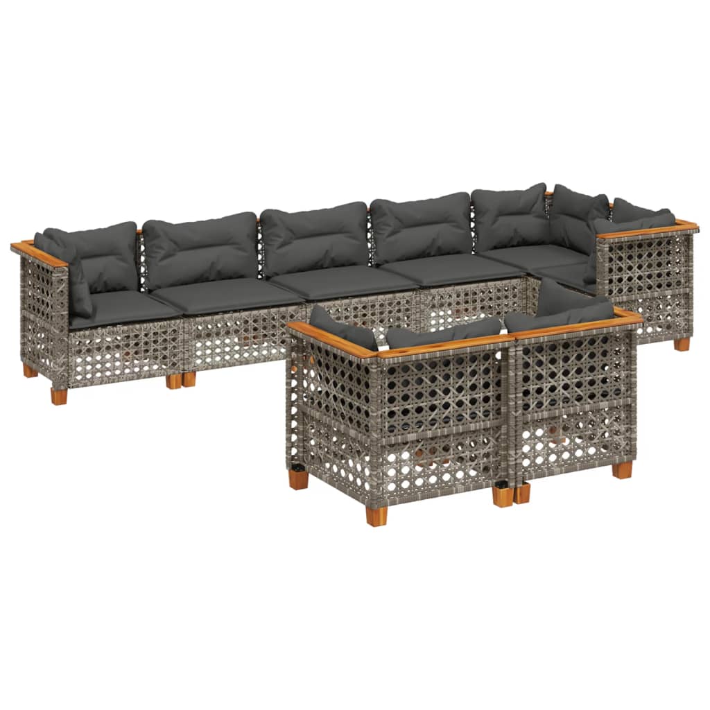 8-delige Loungeset met kussens poly rattan grijs