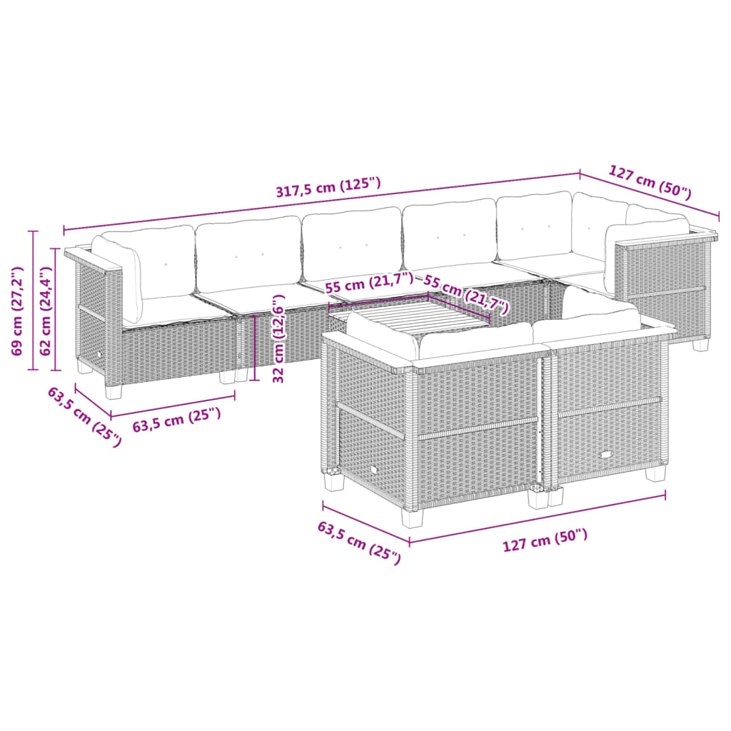 9-delige Loungeset met kussens poly rattan zwart