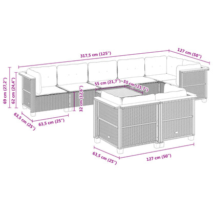 9-delige Loungeset met kussens poly rattan zwart