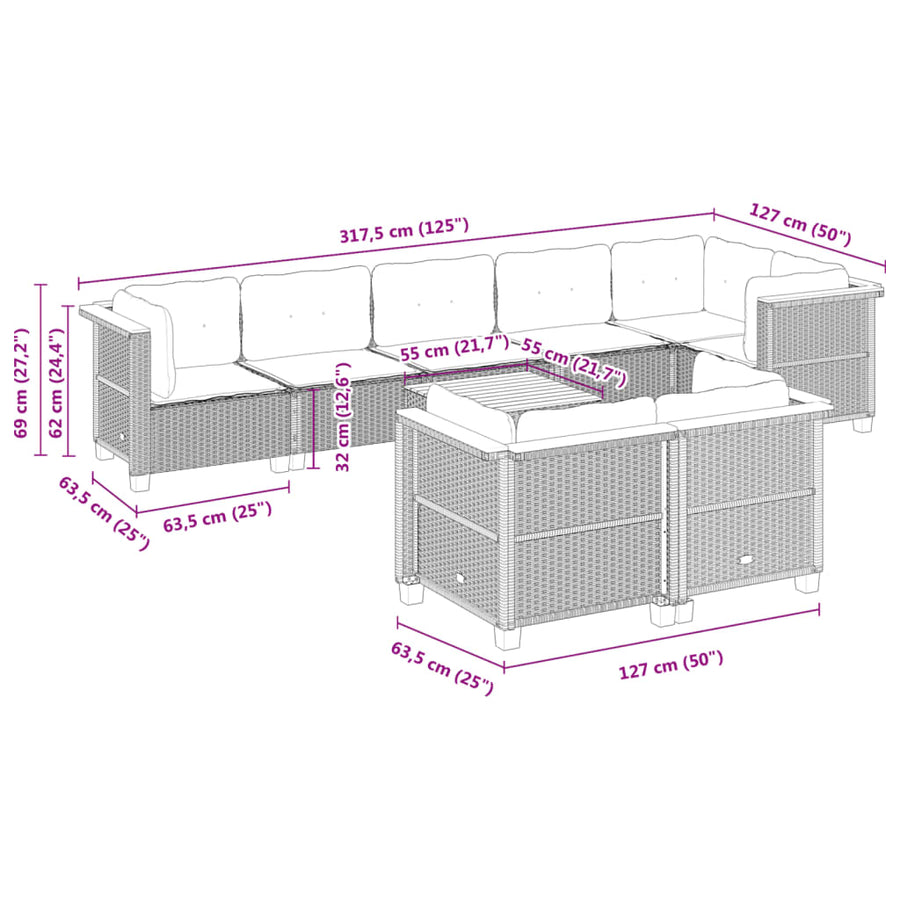 9-delige Loungeset met kussens poly rattan zwart
