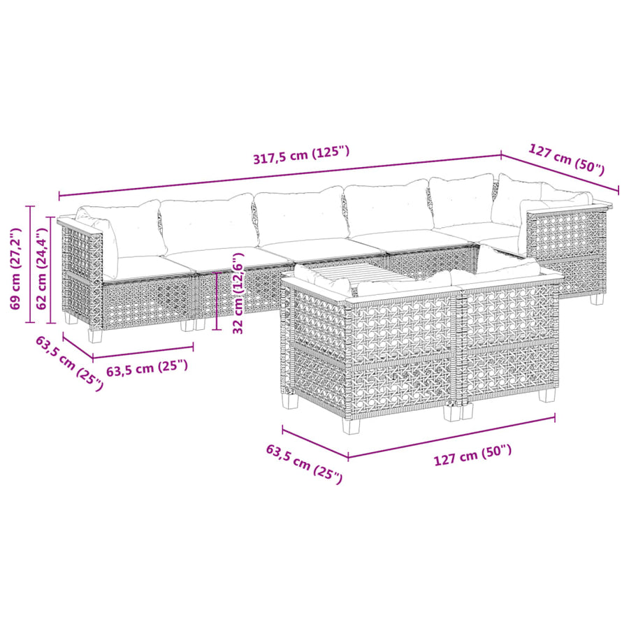 9-delige Loungeset met kussens poly rattan grijs