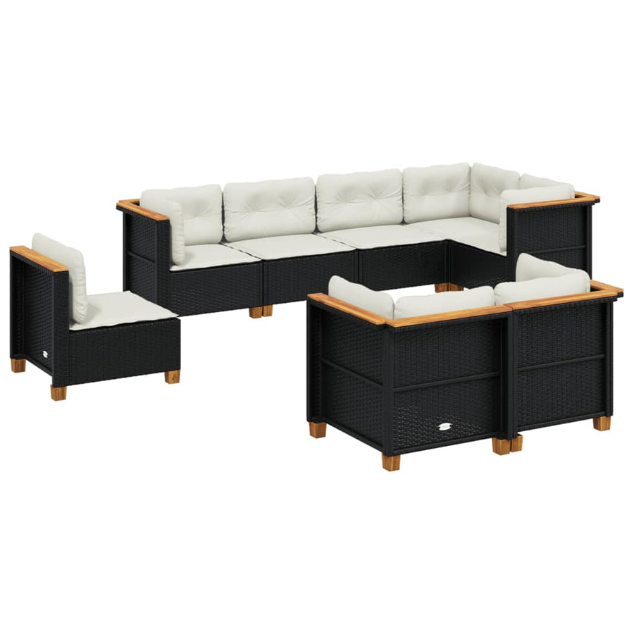 8-delige Loungeset met kussens poly rattan zwart