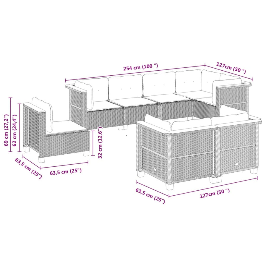 8-delige Loungeset met kussens poly rattan zwart