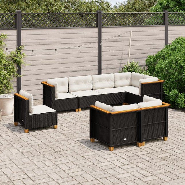 8-delige Loungeset met kussens poly rattan zwart