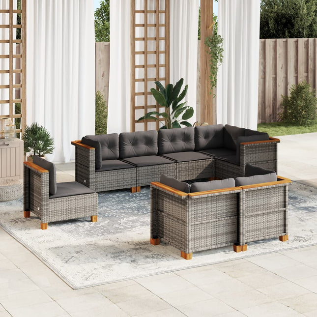 8-delige Loungeset met kussens poly rattan grijs