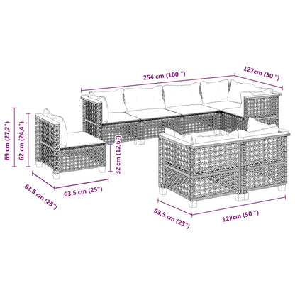 8-delige Loungeset met kussens poly rattan zwart