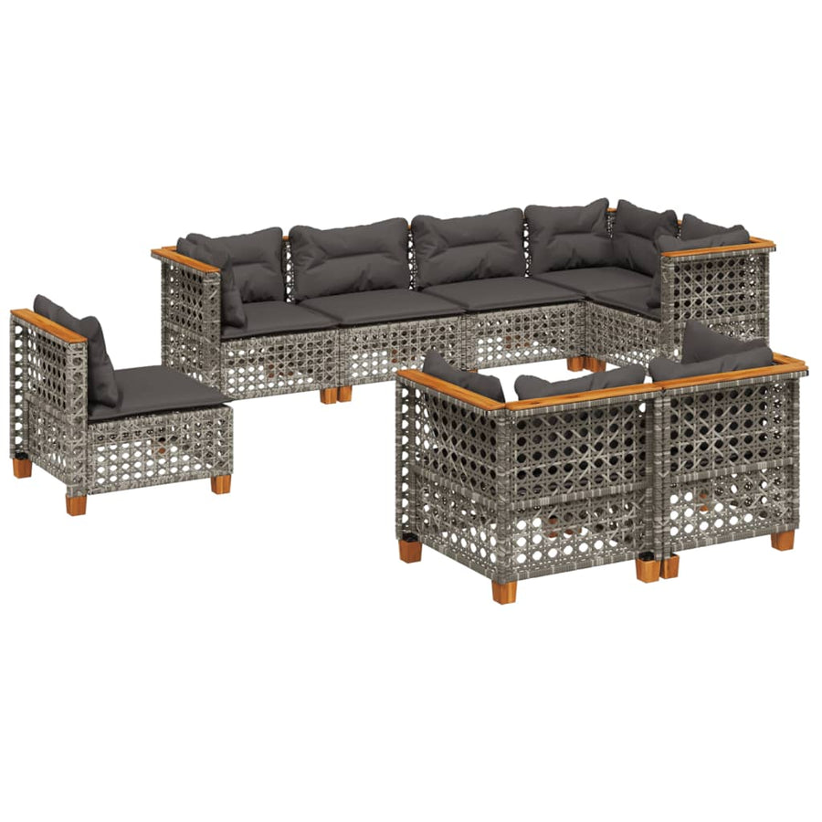 8-delige Loungeset met kussens poly rattan grijs