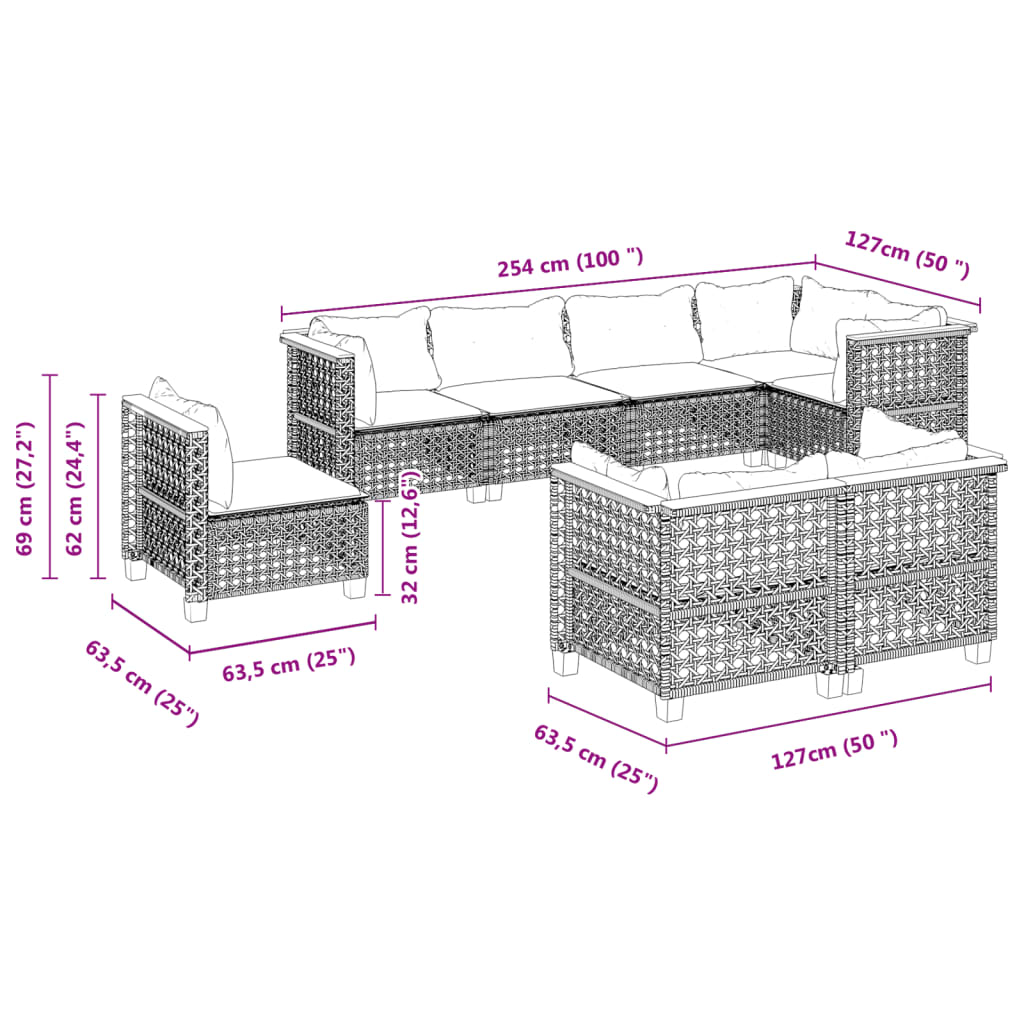 8-delige Loungeset met kussens poly rattan grijs