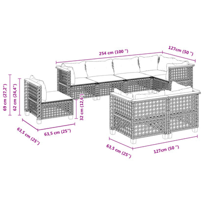 8-delige Loungeset met kussens poly rattan grijs