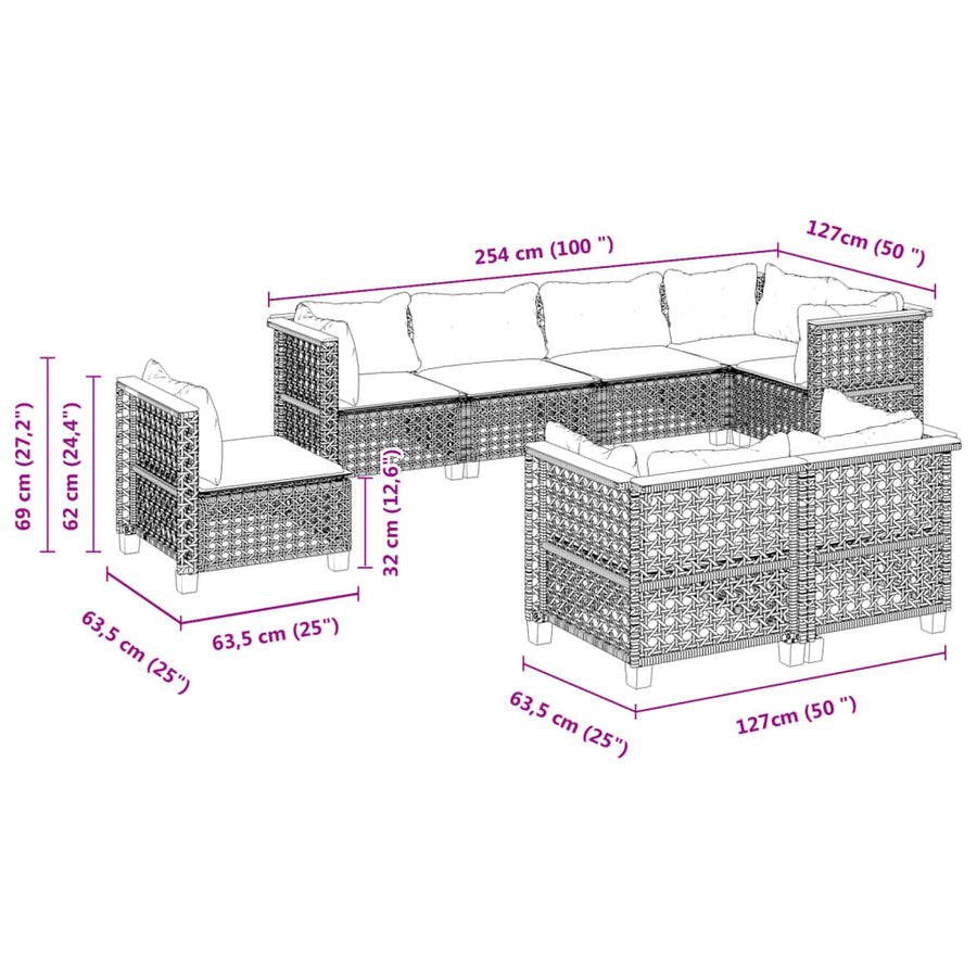 8-delige Loungeset met kussens poly rattan grijs