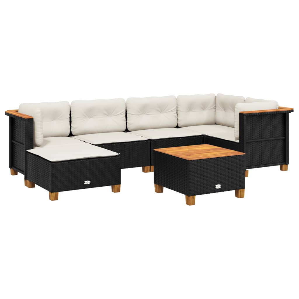 7-delige Loungeset met kussens poly rattan zwart