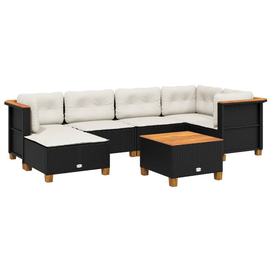 7-delige Loungeset met kussens poly rattan zwart