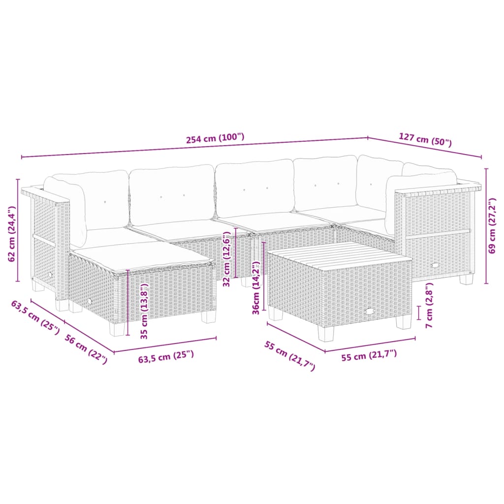7-delige Loungeset met kussens poly rattan zwart