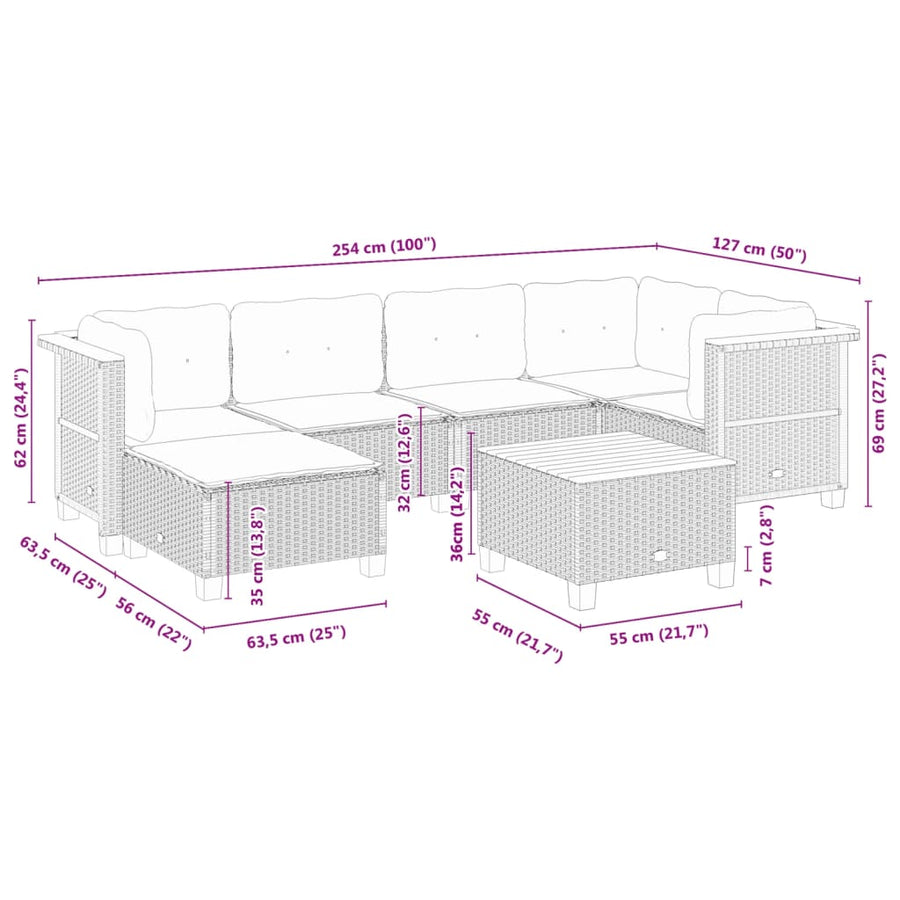 7-delige Loungeset met kussens poly rattan zwart