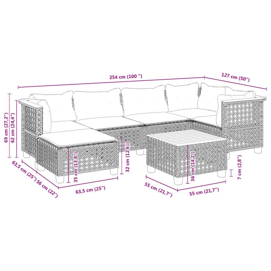 7-delige Loungeset met kussens poly rattan zwart