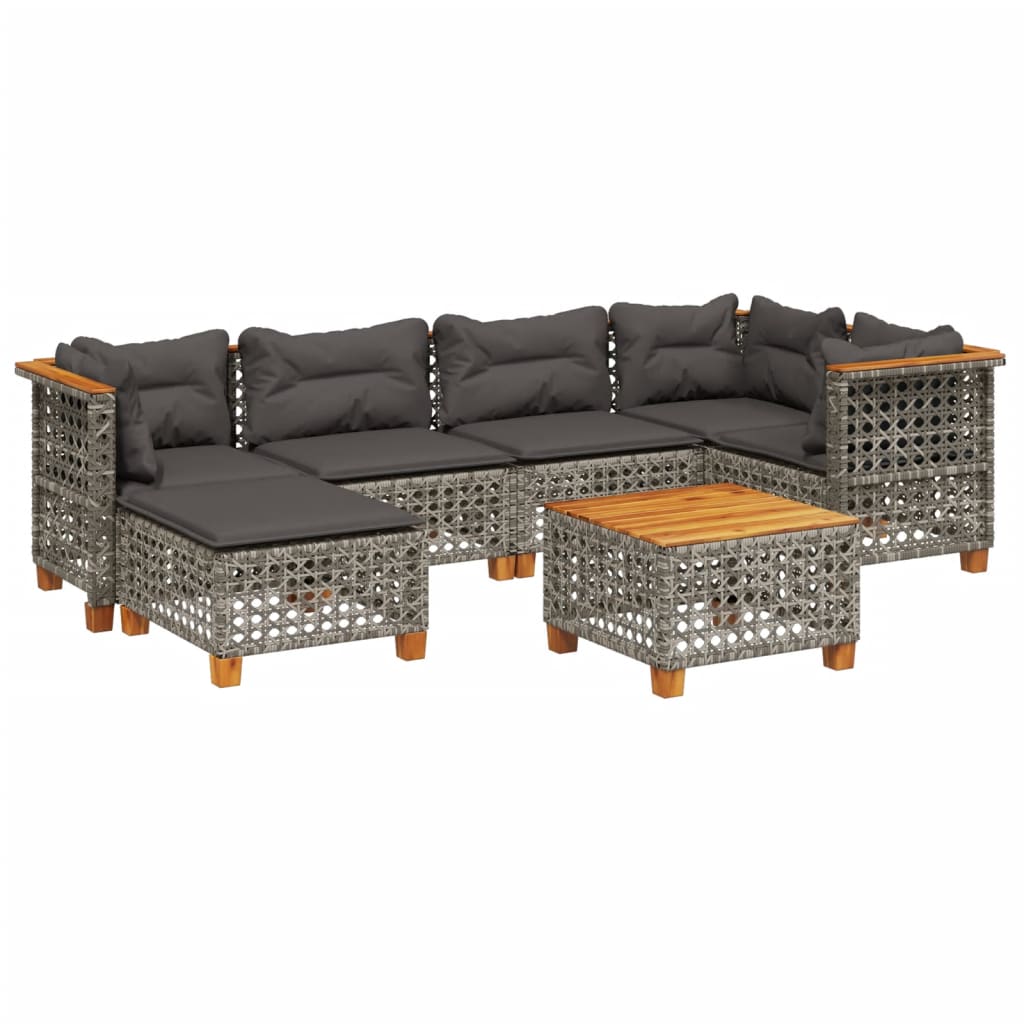 7-delige Loungeset met kussens poly rattan grijs